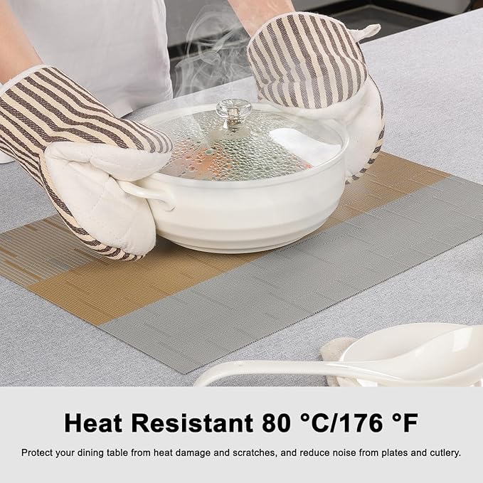 Placemats Set of 4, Vinyl Woven Place Mats Indoor Set of 4 Washable Wipeable PVC Table Mats Heat-Resistant Non Slip Placemat for Kitchen Dining Outdoor Table (Gray Light Brown, Set of 4)