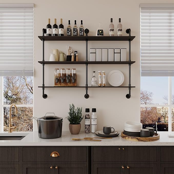 3-Tier Industrial Pipe Floating Shelf – Rustic 48 inch Wood Wall-Mounted Storage Shelf for Kitchen Office,Bathroom & Home Decor -Black