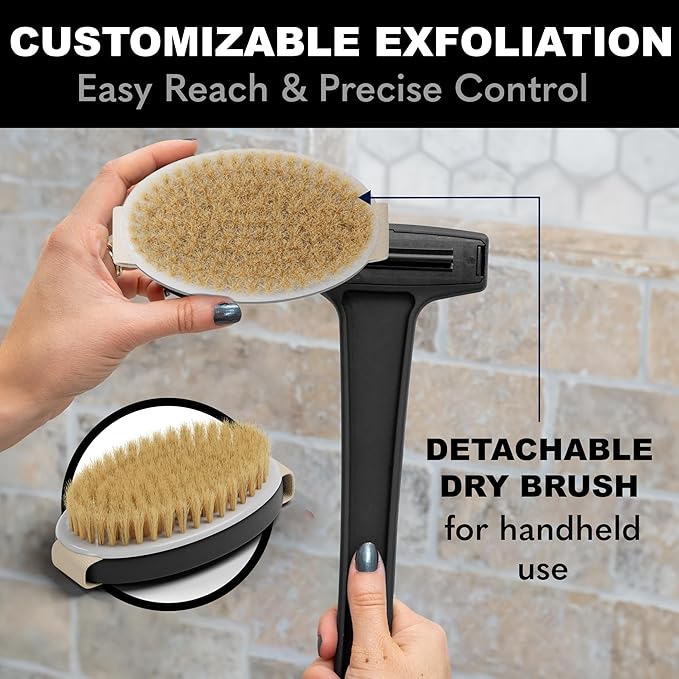 Bearback Dry Brushing Body Brush with Natural Bristles - Premium Exfoliating Brush for Shower or Dry Brushing | Long Folding Handle, Removable Brush Head
