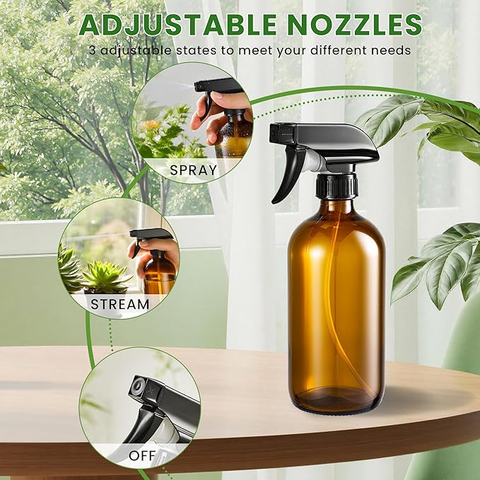 Supercenter Glass Spray Bottles, Amber Glass Spray Bottles, 16oz, Adjustable Nozzle for Stream and Spray, Reusable, for Essential Oils, Cleaning Products, Detergents(2PS)