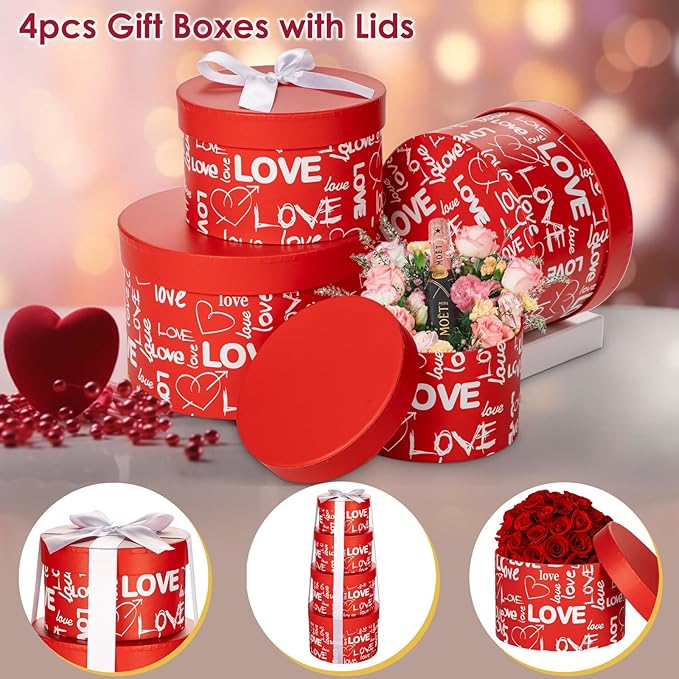 Luxury Round Nested Gift Boxes with Lids (Set of 4) – Reusable Sturdy Cardboard Gift Box Set for Birthdays, Weddings, Anniversaries, Christmas, and Valentine’s Day – Red