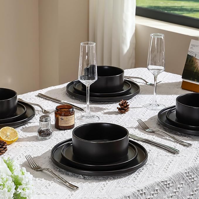 GZG Classic Series - Plates and Bowls Set for 8, 24 Piece Stoneware Dinnerware Sets, Microwave and Dishwasher Safe Lead-Free Handcrafted Ceramic Dishes Set - Matte Black
