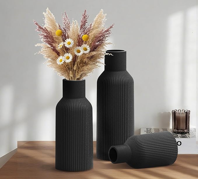 Black Ceramic Vases Set of 3, Black Ribbed Decorative Vases - Table Centerpieces for Wedding, Living Room, Office & Shelf Decor
