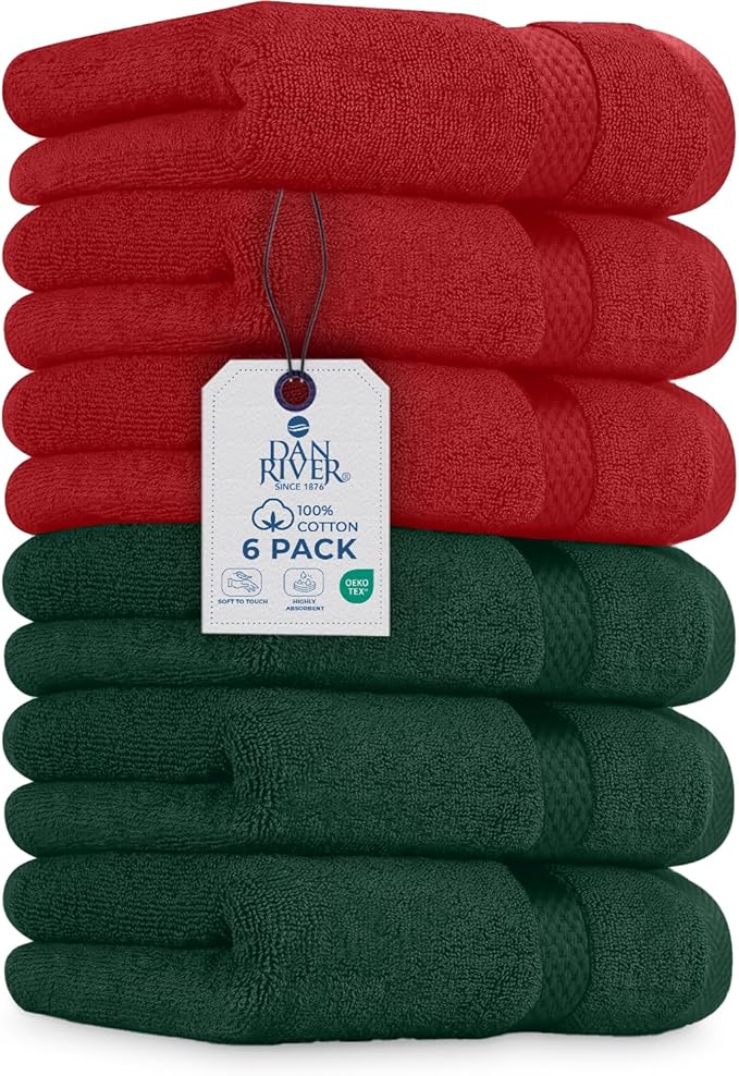 DAN RIVER 6-Pack Premium Christmas Hand Towels (16x28 Inches) - 100% Cotton, Ultra Soft, Lightweight, Highly Absorbent Towels for Bathroom, Gym, Salon, Hotel, and Travel - 550 GSM - Red & Green Combo