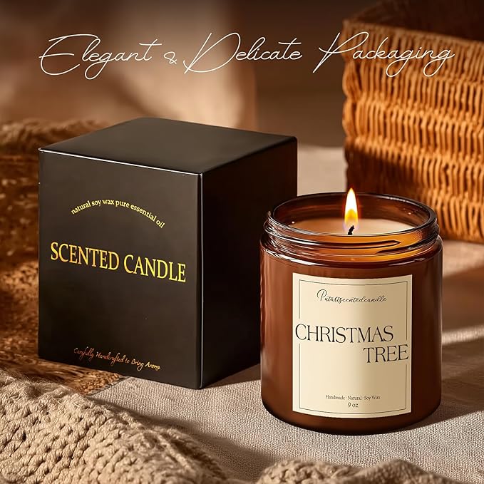 Christmas Tree Scented Candles for Home, Natural Soy Wax Aromatherapy Christmas Candle Gifts for Men & Women, Highly Scented & Long Lasting Non Toxic Jar Candle for Stress Relief (9oz)