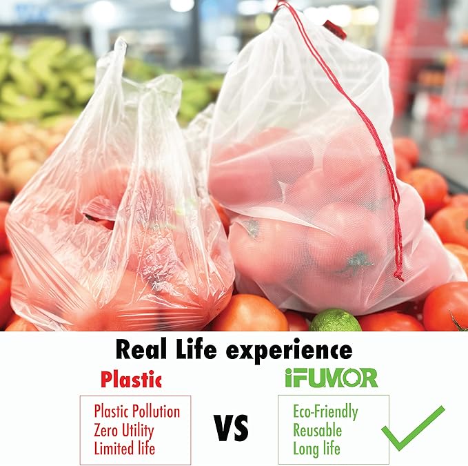 15-Pack Reusable Produce Bags – Heavy Duty Washable Mesh Grocery & Vegetable Bags with Drawstring, Eco-Friendly for Fruits, Food, Toys & Travel Storage