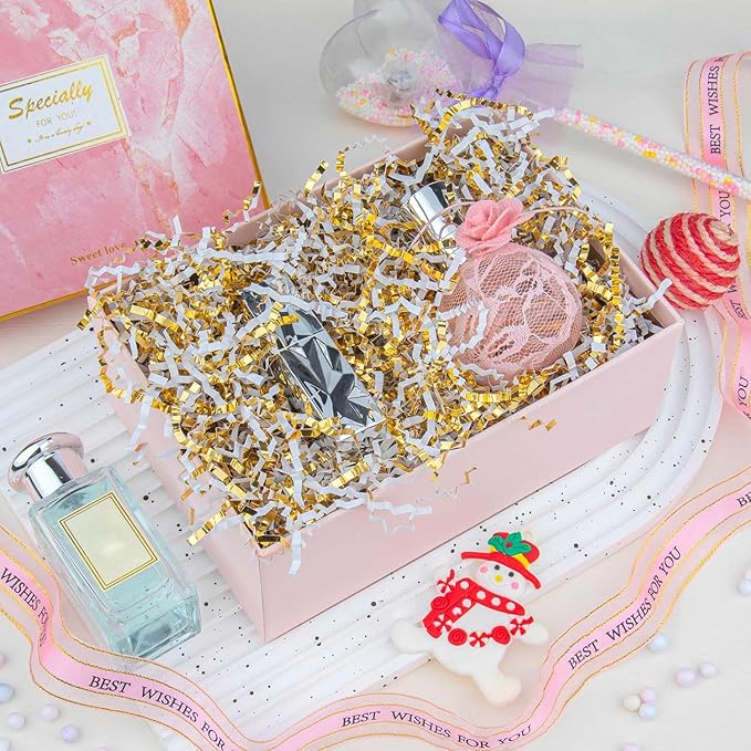 8.5oz Crinkle Paper Filler, Gift Baskets Gift Boxes Crafts Shredded Cut Paper Packaging Decorative Stuffing & Cushioning Confetti for Easter Birthday Wedding Party Favor Gold White