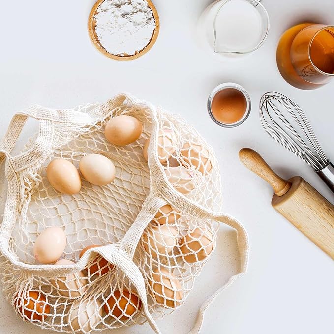 LZMS 3PCS Cotton Net Bags for Produce,Farmers Market Bag,Mesh Produce Bags Reusable Washable,Grocery Veggie Net Tote with Wide-Strap Carry Handles(Long Handle)