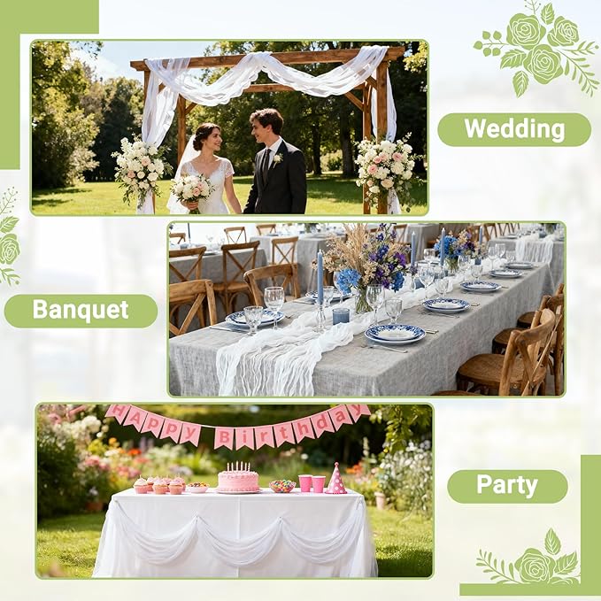 Suream Cheese Cloth Table Runner 120 Inch, White Long Table Runner for Wedding Party Baby Shower Birthday Home Decorations(6 Packs)