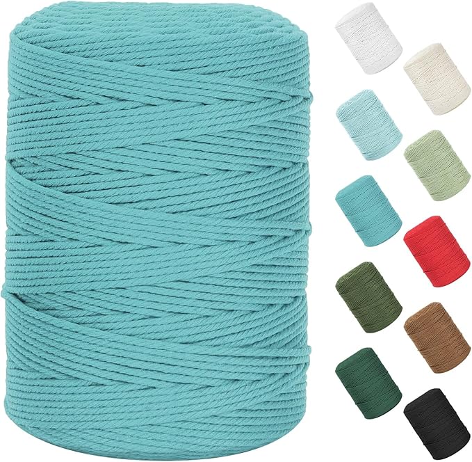 Natural Cotton Macrame Rope - 3mm x 380Yards (1140Feet), 4 Strands Twisted Macrame Cord for Wall Hanging, Plant Hangers, Crafts, Gift Wrapping and Wedding Decorations, Lake Green