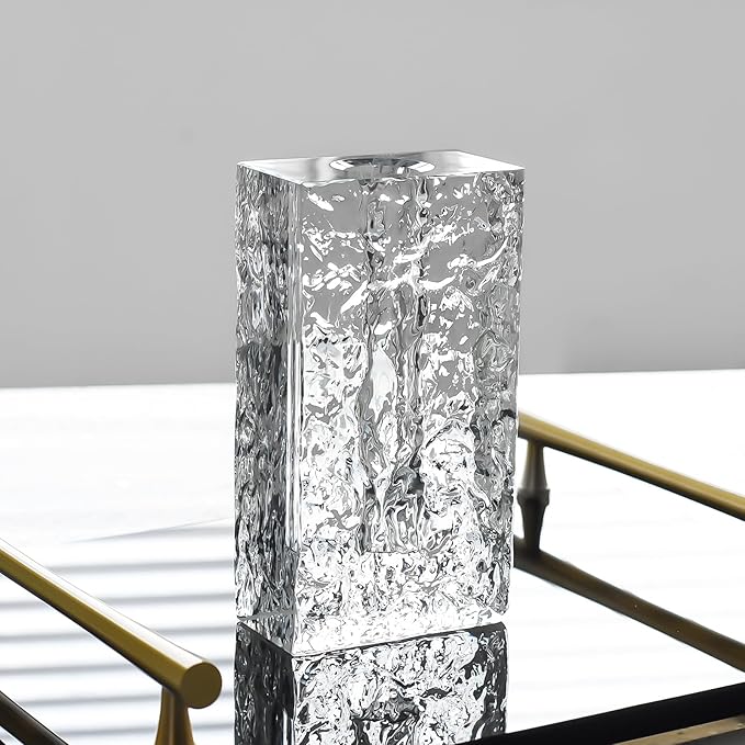 Crystal Flower Vase with Glacial Texture, Clear, Handcrafted Centerpiece for Wedding, Home Decor, Table Display