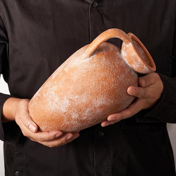 Terracotta vase with Handle, 10inch Boho Unique Textured Pottery, Rustic Farmhouse Decorative Ceramic vases for Flowers, Centerpieces, Living Room.