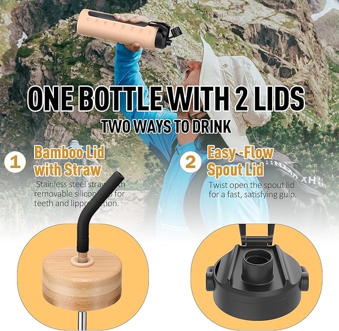 32oz Glass Water Bottle with Straw and 2 Lids- Bamboo and Spout Lid,Motivational Sports Water Bottle with Silicone Sleeve and Time Marker,Reusable for Gym, Outdoors, Black