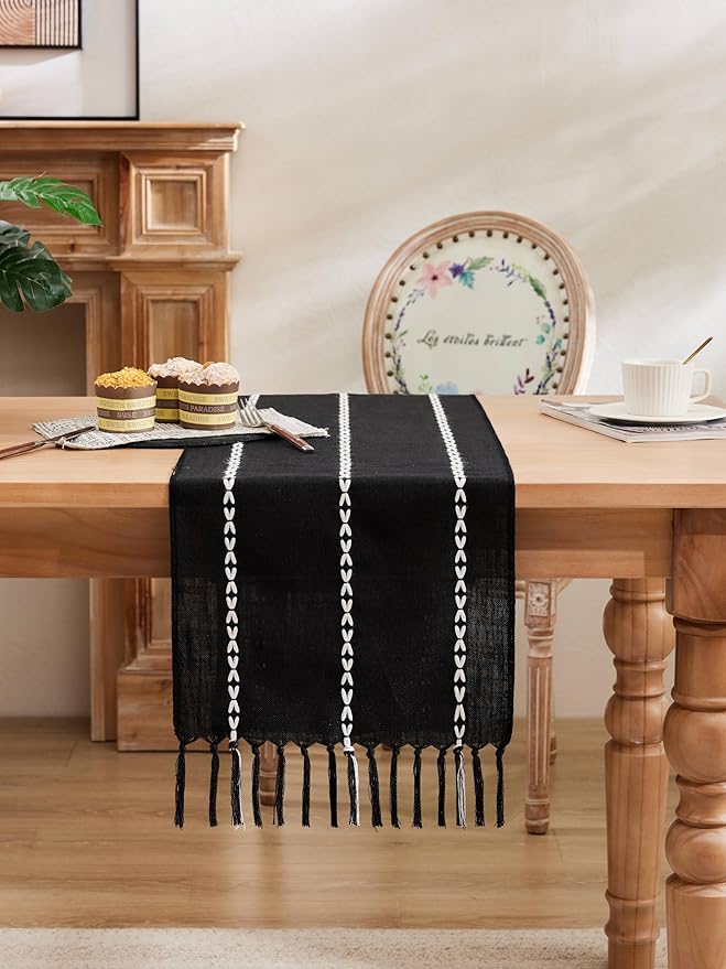 Braided Farmhouse Table Runner,Braided Black 13x60 Inch, Cotton Linen Table Runners 60 Inches Long, Embroidered Striped Black Boho Table Runner Rustic Home Decors