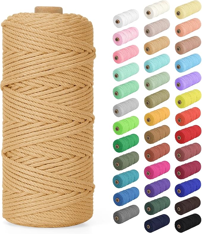 Macrame Cord 3mm x 109Yards (328Feet), Natural Cotton Macrame Rope - 4 Strands Twisted Macrame Cotton Cord for Wall Hanging, Plant Hangers, Crafts, Gift Wrapping and Wedding Decorations, Light Tan