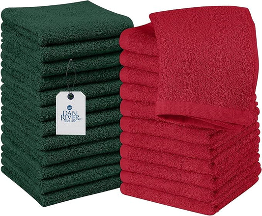 DAN RIVER 100% Cotton Christmas Gift Washcloths 24 Pack Premium Quality Face and Body Cloth, Quick Dry Essential Towels for Bathroom, Hand, Kitchen & Cleaning | 12X12 in | 400 GSM | Red & Green combo