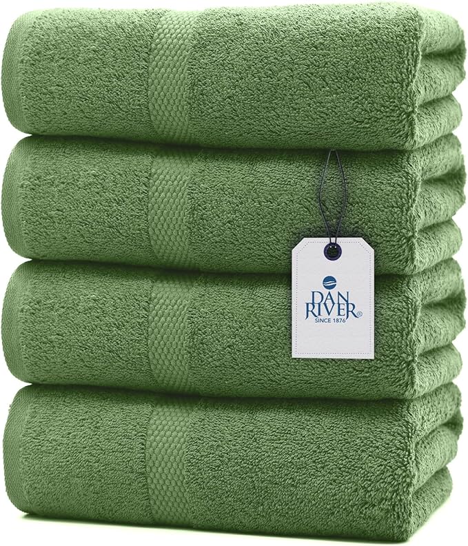 DAN RIVER Bath Towels Set of 4, 27 x 54 Inches, 100% Cotton, Larger & Lighter Weight, Quicker to Dry, Super Soft and Absorbent, Ideal Large Bath Towel for Daily Use, Sage Green