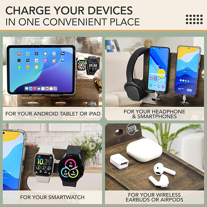 Nightstand Organizer with Drawer- Wood Phone Docking Station- Desk Organizer for Two Phones or Tablet, Watches, Headphone & Accessories- Unique Gifts for Men, Dad or Son (Rustic Gray)