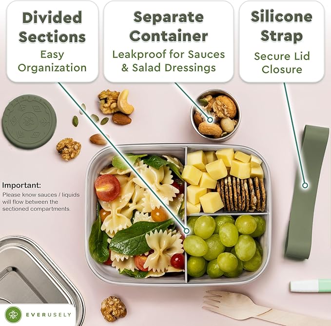 Everusely - Bento Box - Sage, 37oz / 1.1 L - Stainless Steel Lunch Box with Leakproof Condiment Container - 3 Compartment Snack Organizer for On the Go Meals - Freezer & Dishwasher Safe