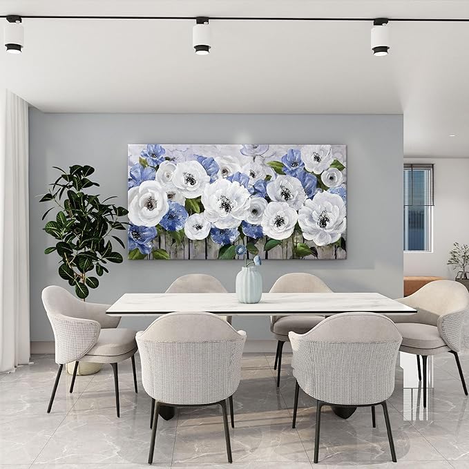 Floral Wall Art for Living Room- Large Canvas Paintings with Floral Wall Picture - Flower Wall Decor in Blue & White, Textured Artwork - Landscape Wall Art & Pictures for Bedroom and Home Decor