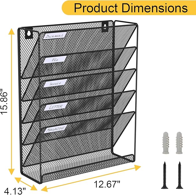 Hanging Folder Organizer Mesh 6 Tier, Wall File Organizer Hanging Paper Organizer, Wall Mount Mail Storage, Office Organization and Storage Rack for Home Office, Black