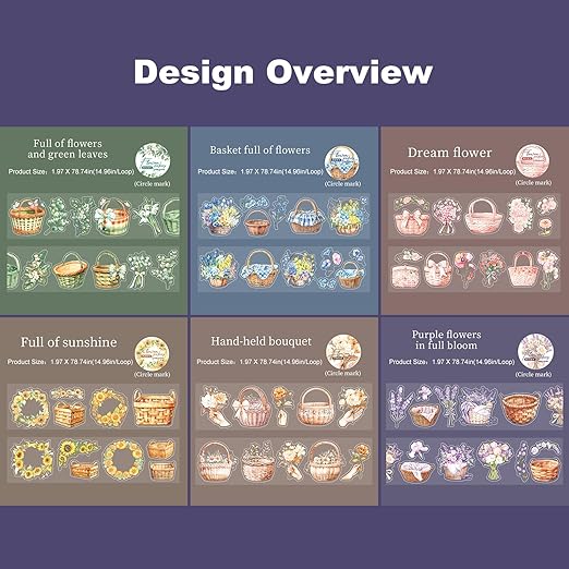 Flower Basket PET Tape Set, 6 Rolls Pre-Cut Vintage Floral Scrapbook Supplies for Journaling, DIY Crafts, and Planners,with Clip