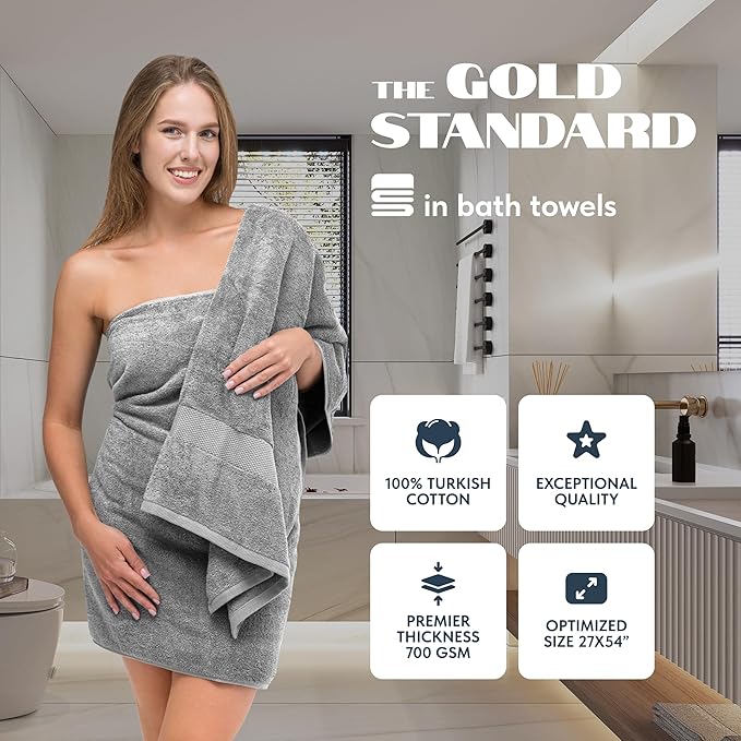White Classic Luxury Bath Towels Set of 4 Large - 700 GSM Cotton Ultra Soft Bath Towels 27x54 | Highly Absorbent and Quick Dry | Hotel Towels for Bathroom Luxury, Plush Shower Towels, Light Grey