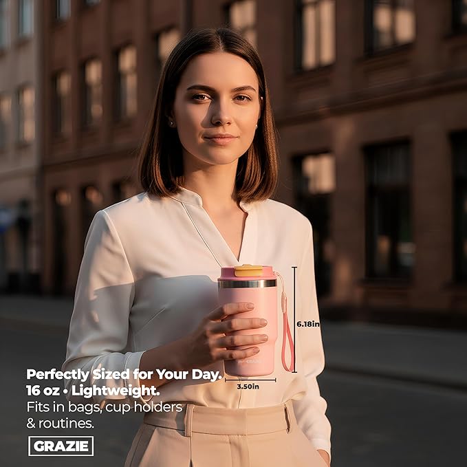 Insulated Stainless Steel Coffee Mug 16 oz with Sliding Lid Double Wall Vacuum Travel Tumbler for Hot and Cold Drinks Leakproof Portable Reusable Cup for Work Camping Hiking School Gym Candy Glow