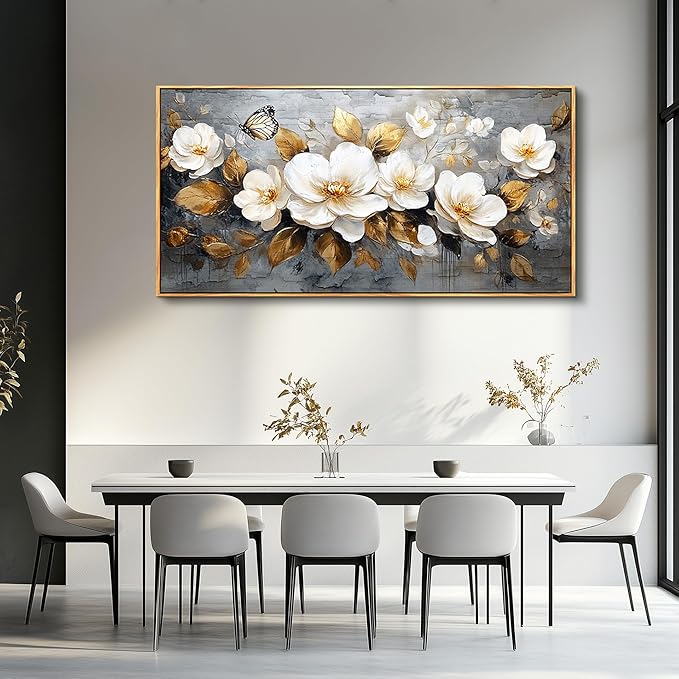 FUHAIHUA Wood Framed Canvas Wall Art For Living Room Wall Decor For Bedroom Office Wall Decoration White Flower Painting Farmhouse Pictures Artwork Room Aesthetic Home Decor 20x40 In