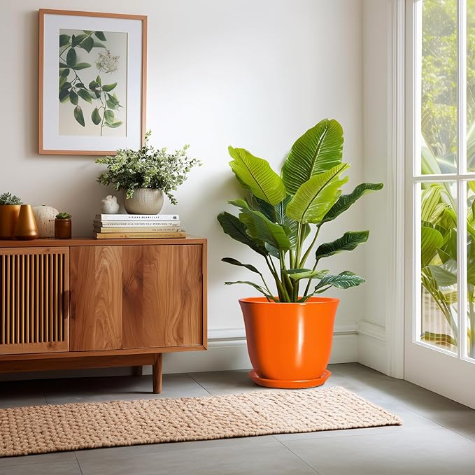 12 Inch Pots for Plants - Ceramic Planters Indoor with Drainage Hole and Saucer, Large Round Planter for Outdoor Plants, Decorative Flower Pot, Garden Decor, Plant Lover Gifts, Orange