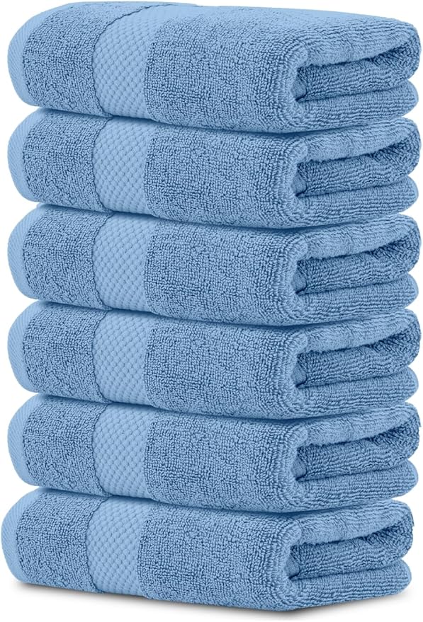 White Classic Luxury Light Blue Hand Towels - Soft 100% Turkish Cotton | Highly Absorbent Hotel spa Bathroom Towel Collection | 16x30 Inch | Set of 6