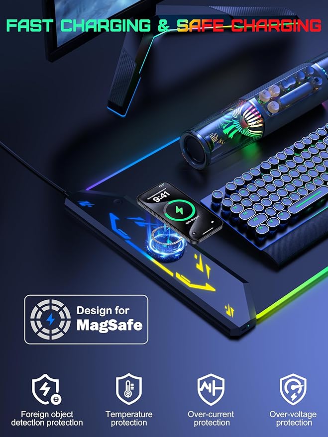 TopMade Wireless Charging Mouse Pad, RGB Gaming Mousepad, 35.4" x 15.8" Extra Large Waterproof Keyboard Desk Pad, Cool Computer Desk Mat, Black (Includes 20W PD Power Adapter & 6.56ft Woven Cable)