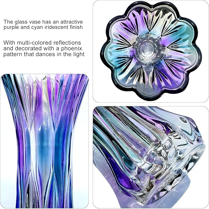 11.2 Inch Glass Vase-Iridescent Purple and Teal Thickened Cylinder Colorful Flower Vase Decor for Home Dining Table Centerpiece Office Wedding Holiday Party