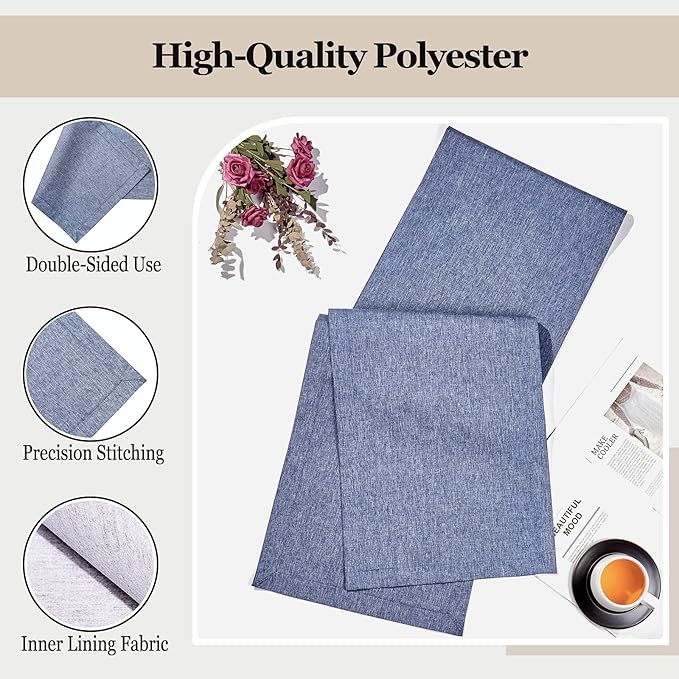 Mebakuk Linen Farmhouse Table Runner Large Burlap Style Soft and Waterproof Decorative Fabric Runner for Outdoor Wedding and Dinner (14 x 48 Inch, Denim Blue)