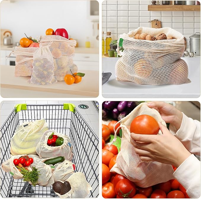 6 Pack Reusable Produce Bags - Cotton Mesh Produce Bags - Reusable Shopping Bags - Vegetable Grocery Cotton Mesh Bags for Farmers Market, Beach, and Refrigerator Storage Vegetables,2xS, 2xM, 2xL.