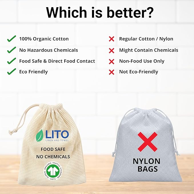 LITO LINEN AND TOWEL Organic Cotton Mesh Produce Bags – Small Reusable Grocery Bags (4 Pack) | Washable, Lightweight & Breathable Storage for Fruits, Vegetables, Bulk Foods & Zero Waste Living 7"x10"
