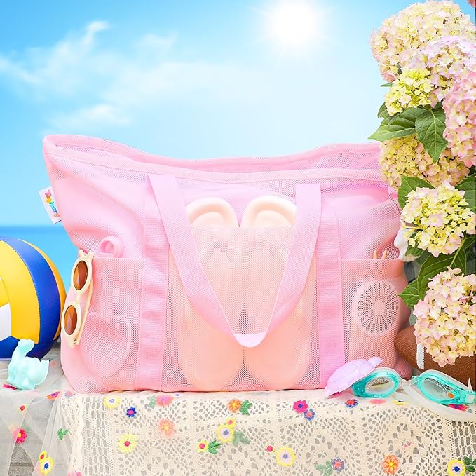 Tagitary Mesh Beach Bag with Zipper Large Beach Tote Waterproof Sandproof with 8 Pockets for Toys Pool Bag Beach Accessories