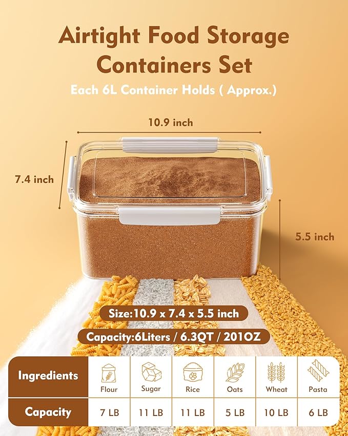 Flour Sugar Storage Containers Set of 3(12L/403oz)(10L/336oz) (6L/201oz),Clear Extra Large Food Storage Containers with Lids for Cereal,Flour,Sugar,Rice,BPA Free & Airtight Kitchen Pantry Organization