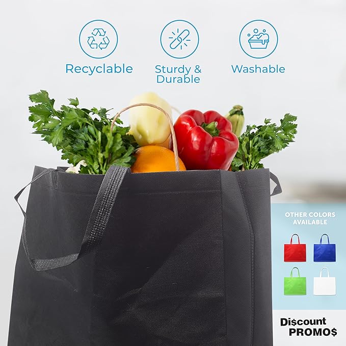 DISCOUNT PROMOS Jumbo Sized Tote Bags Set of 10, Bulk Pack - Reusable Grocery Bags, Shopping Bags, Promotional Item Totes for Women - Black