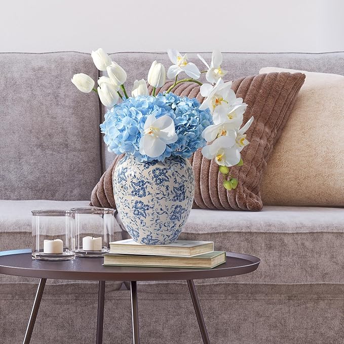 Vintage Blue and White Floral Ceramic Vase – Round Pottery Terracotta Jar for Home Decor, Rustic Farmhouse Boho Table Centerpiece, Fresh or Dried Flower Holder, 7.9 Inch Decorative Accent