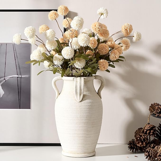 Handmade Ceramic Vase with 4 Handles, 10.83" Tall Farmhouse Rustic Vase, Decorative Pottery Flower Vases for Home Decor, Wedding, Living Room, Table, Shelf Decor, White