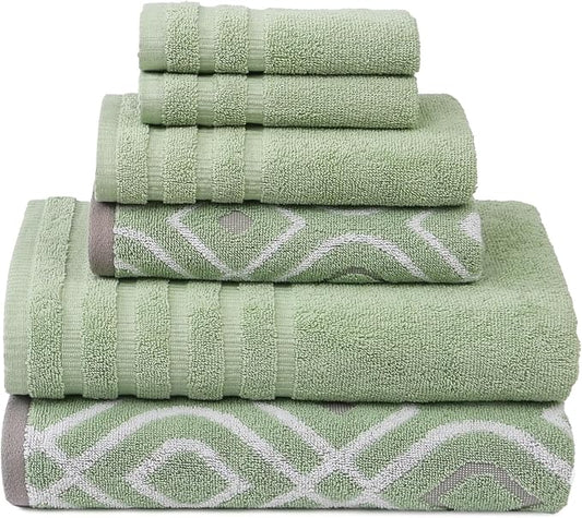 Modern Threads Oxford 6-Piece 100% Cotton Towel Set – Yarn Dyed Jacquard & Solid – Includes 2 Bath Towels, 2 Hand Towels, 2 Washcloths – Absorbent, Quick Dry, Soft & Durable – Sage Green