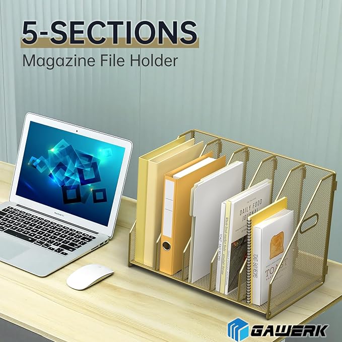 Desk File Organizer Metal Desk Magazine Folder Holder with 5 Vertical Compartments Rack File Organizer for Office, Home, School (Gold)