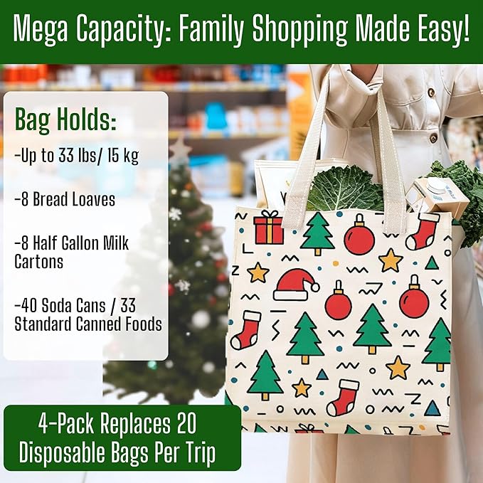 VENO 4 Pack Christmas Reusable Grocery Bags, Heavy-Duty Shopping Bags with Handles, for Shopping Cart with Hard Bottom to Stand Upright, Foldable (Jingle Mix, 4 Pack)