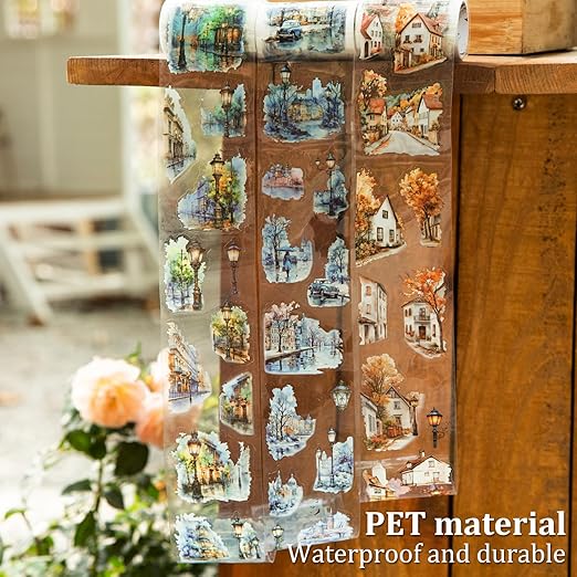 Street Corner PET Tape Set, 6 Rolls Pre-Cut Vintage Cityscape Stickers for Journaling, Scrapbooking, DIY Crafts, Art Supplies