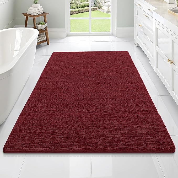 OLANLY Bathroom Rugs 70x46, Extra Soft Absorbent Chenille Bath Rugs, Rubber Backing Quick Dry, Machine Washable Bath Mats for Bathroom Floor, Tub and Shower, Home Decor Accessories, Burgundy