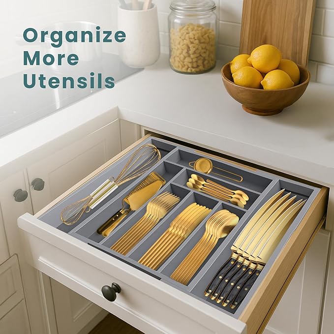 Sben Expandable Drawer Organizer for Utensils Holder, Adjustable Cutlery Tray, Wood Drawer Dividers Organizer for Silverware, Flatware, Knives for Kitchen (Gray)