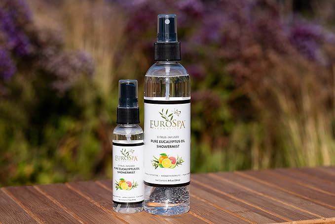 EuroSpa Aromatics Pure Eucalyptus Oil ShowerMist and Steam Room Spray, All-Natural Premium Aromatherapy Essential Oils - Citrus Infused, Duo Pack, 8oz and 2oz