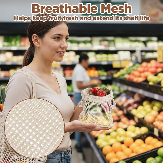 9 PCS Reusable Vegetable Produce Bags Cotton Mesh Vegetable Bags for Refrigerator Potato Storage Bag Reusable Double Stitched with Drawstring Produce Bag for Vegetables Fruit Grocery Shopping(3 S/M/L)