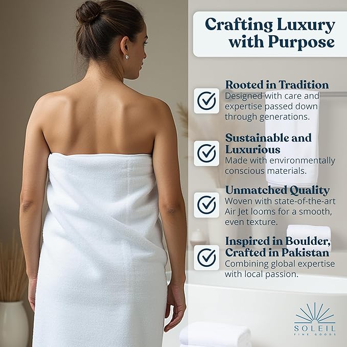 Soleil Fine Goods Luxurious 800 GSM 100% Cotton Bath Towel Set (4-Pack, 27x54) - Heavyweight & Ultra Absorbent, Plush Softness for Bathroom | Hotel & Spa Quality Luxury Towels- White